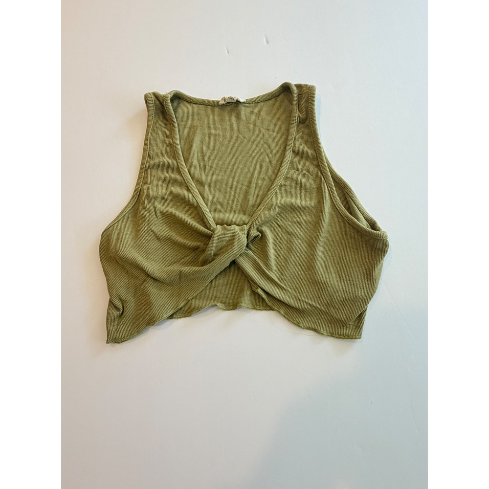 POL Womens Olive Green Ribbed Twist Front V-Neck Crop Top Tank Size S